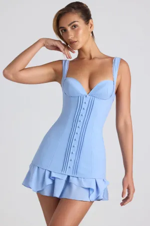 Fishtail Hem Finish Ruffle-Trim Button-Detail Corset Mini Dress in Sky Blue