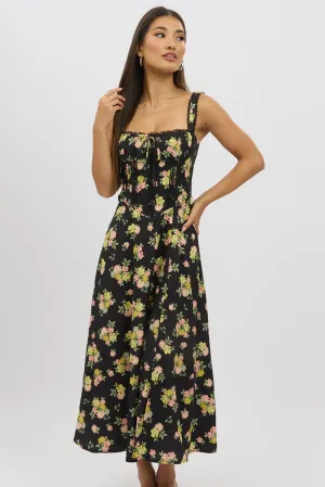 Black Floral Midi Dress Corset Detail Timeless silhouette for all occasions Contemporary Wear