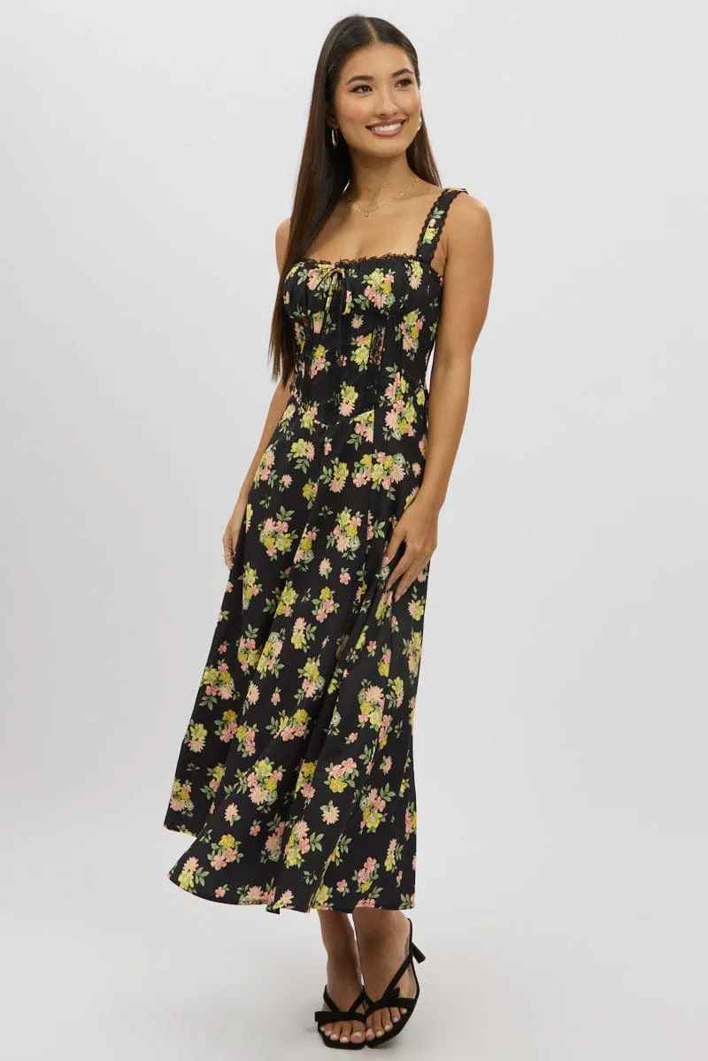 Black Floral Midi Dress Corset Detail Trendy Appearance