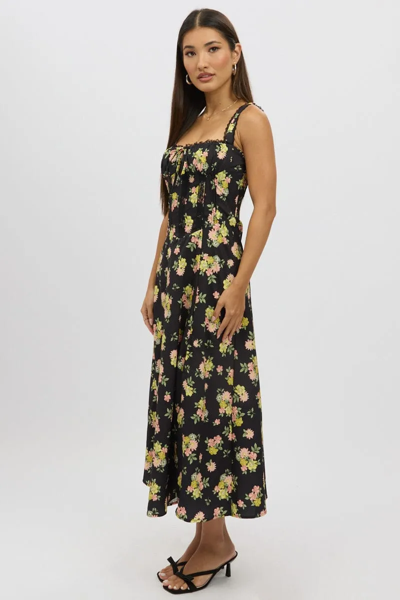 Black Floral Midi Dress Corset Detail Comfy Elegance Relaxed summer midi