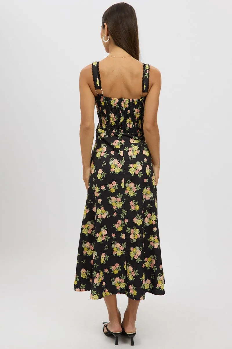 Season Switch Black Floral Midi Dress Corset Detail