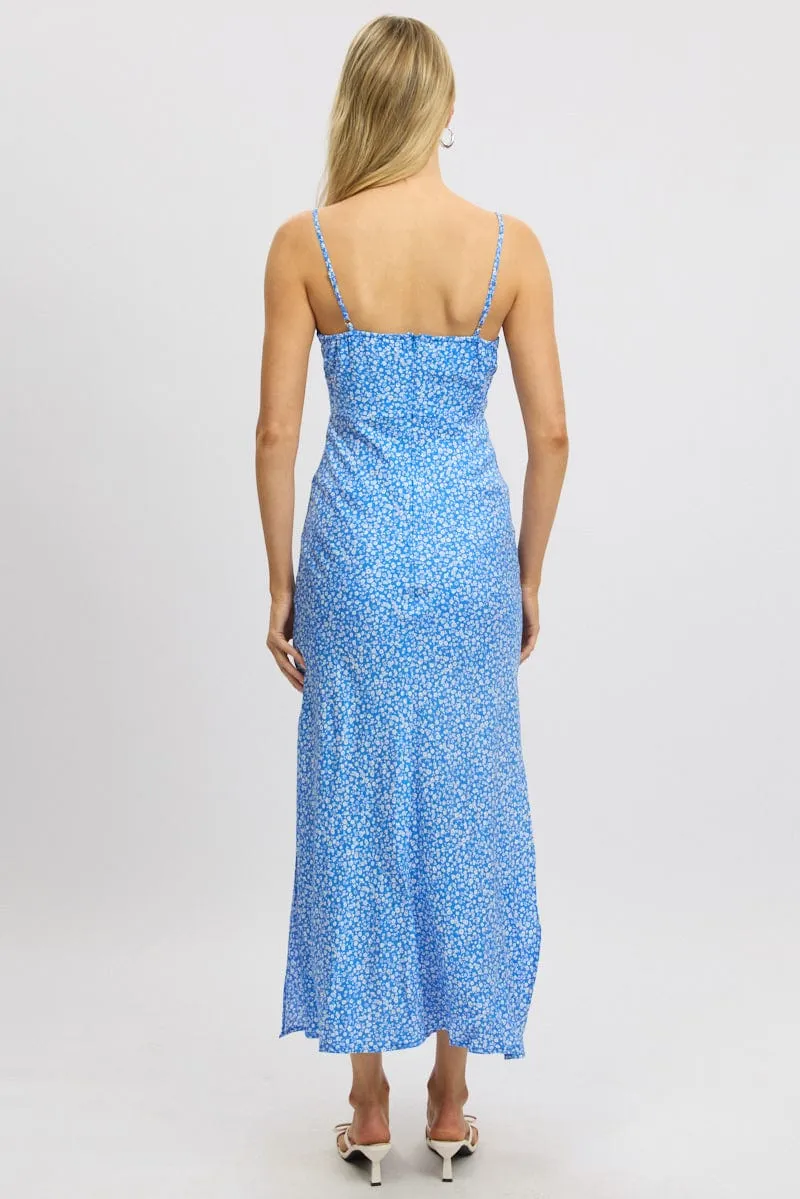 Fur Warm Tower Look Blue Ditsy Midi Dress Gathering Bust Sleeveless