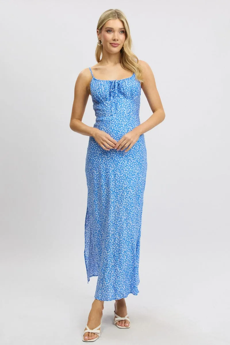 Blue Ditsy Midi Dress Gathering Bust Sleeveless Day to Night Design