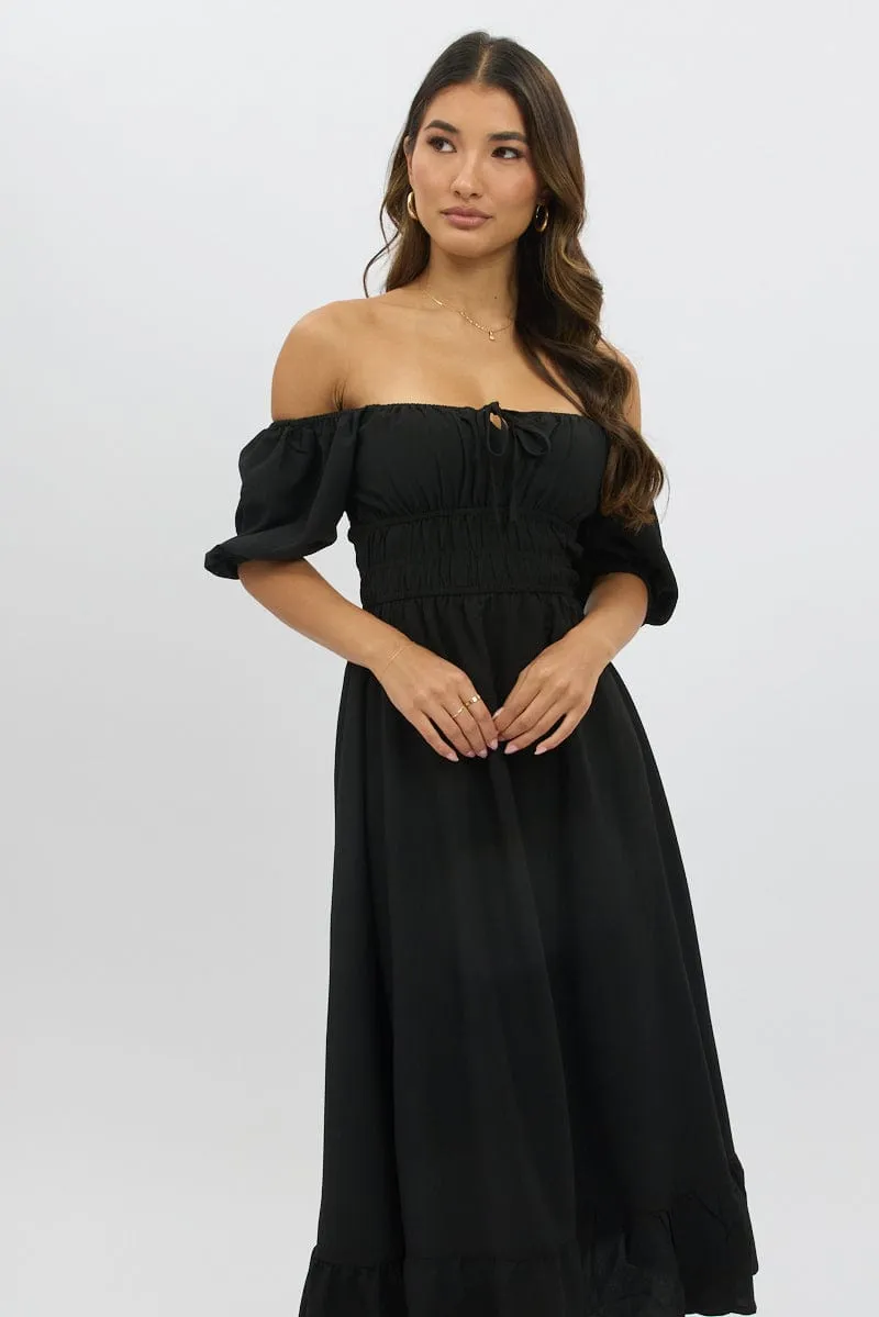 Garden Stroll Black Midi Dress Short Sleeve Ruched Bust