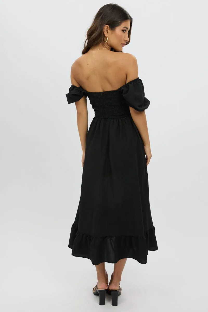 Sea Scent Trendy Comfort Black Midi Dress Short Sleeve Ruched Bust