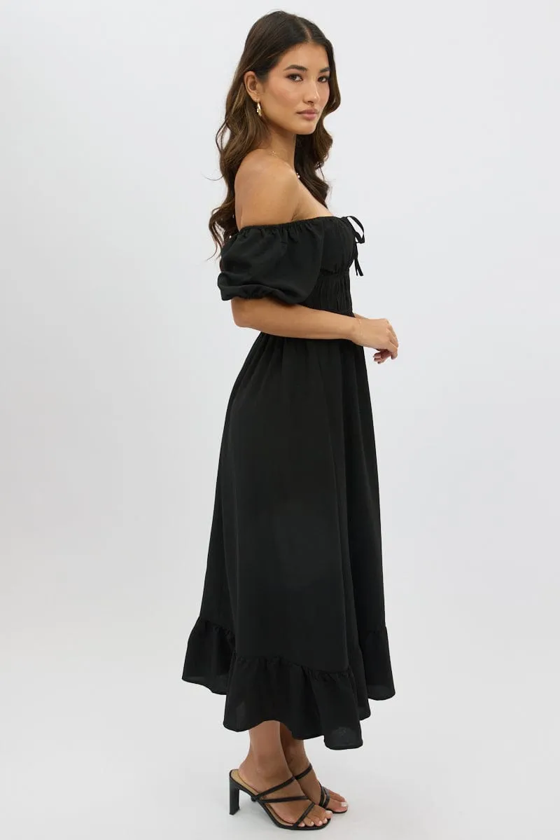 Playful and feminine dress Forest trail Black Midi Dress Short Sleeve Ruched Bust