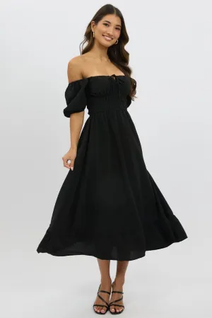 Black Midi Dress Short Sleeve Ruched Bust Seasonal Essentials