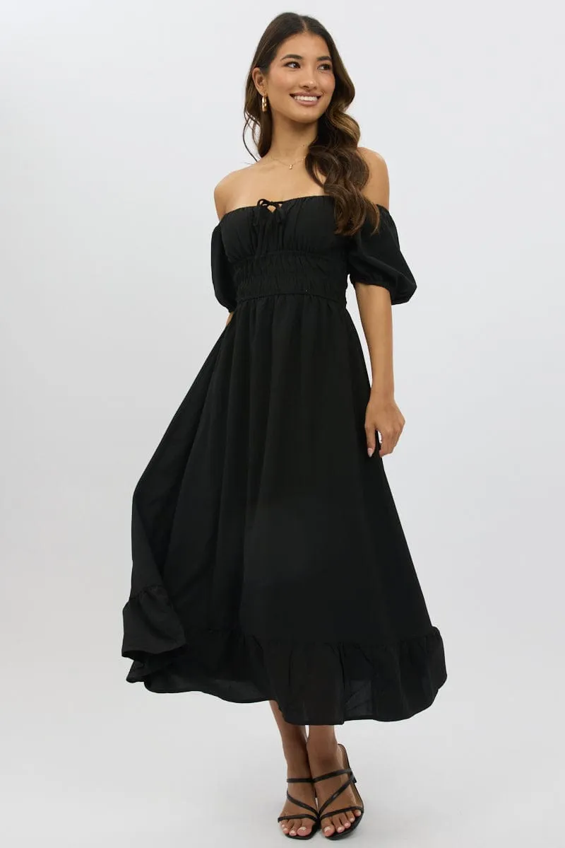 Wardrobe Staple Black Midi Dress Short Sleeve Ruched Bust