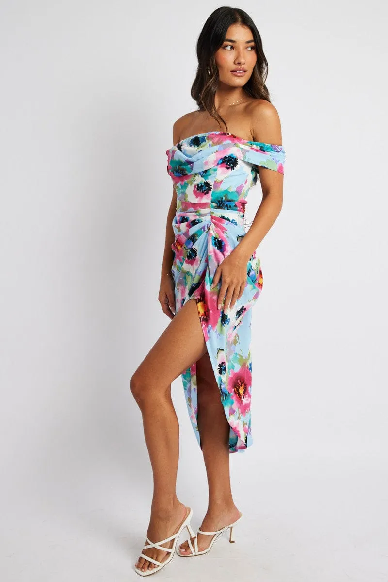 Go Light Blue Floral Midi Dress Bardot Sleeve Draped Blue Floral