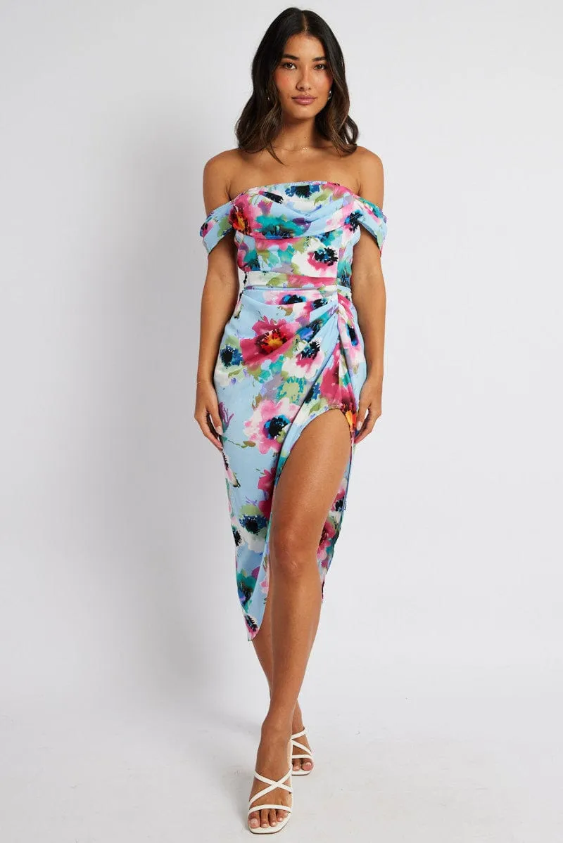Blue Floral Midi Dress Bardot Sleeve Draped Blue Floral Lasting Joy All Season Wear