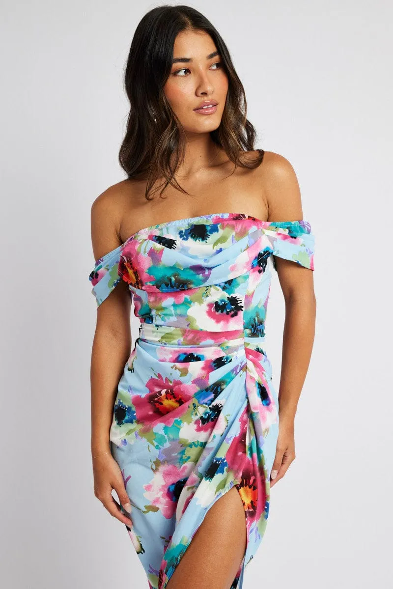 Blue Floral Midi Dress Bardot Sleeve Draped Blue Floral Alley View Stylish dress for gatherings