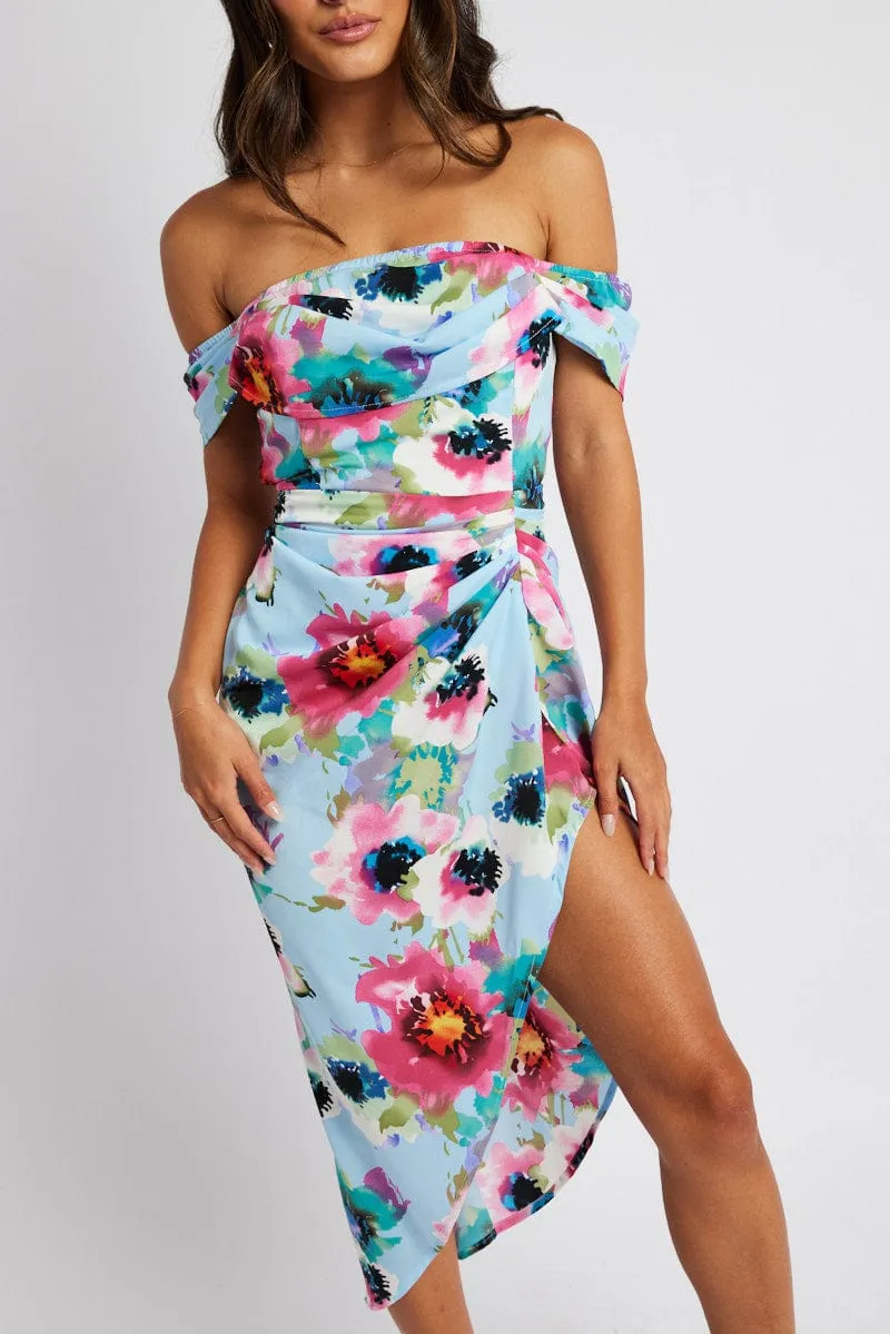 Blue Floral Midi Dress Bardot Sleeve Draped Blue Floral Windy Ready Cotton Soft
