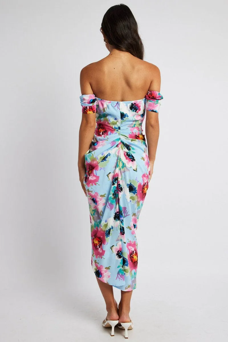 Lightweight fabric midi Chic Traveler Blue Floral Midi Dress Bardot Sleeve Draped Blue Floral