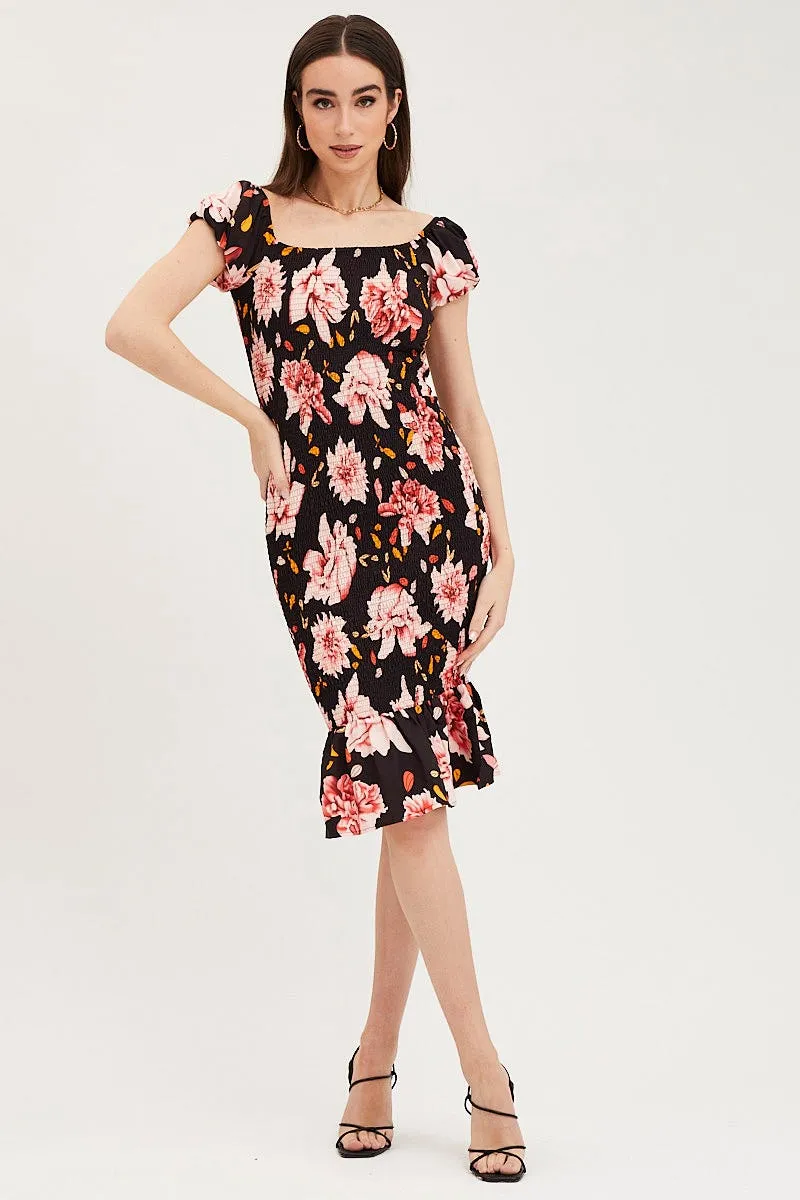 Print Shirred Midi Dress Trendy office attire Sophisticated Wear