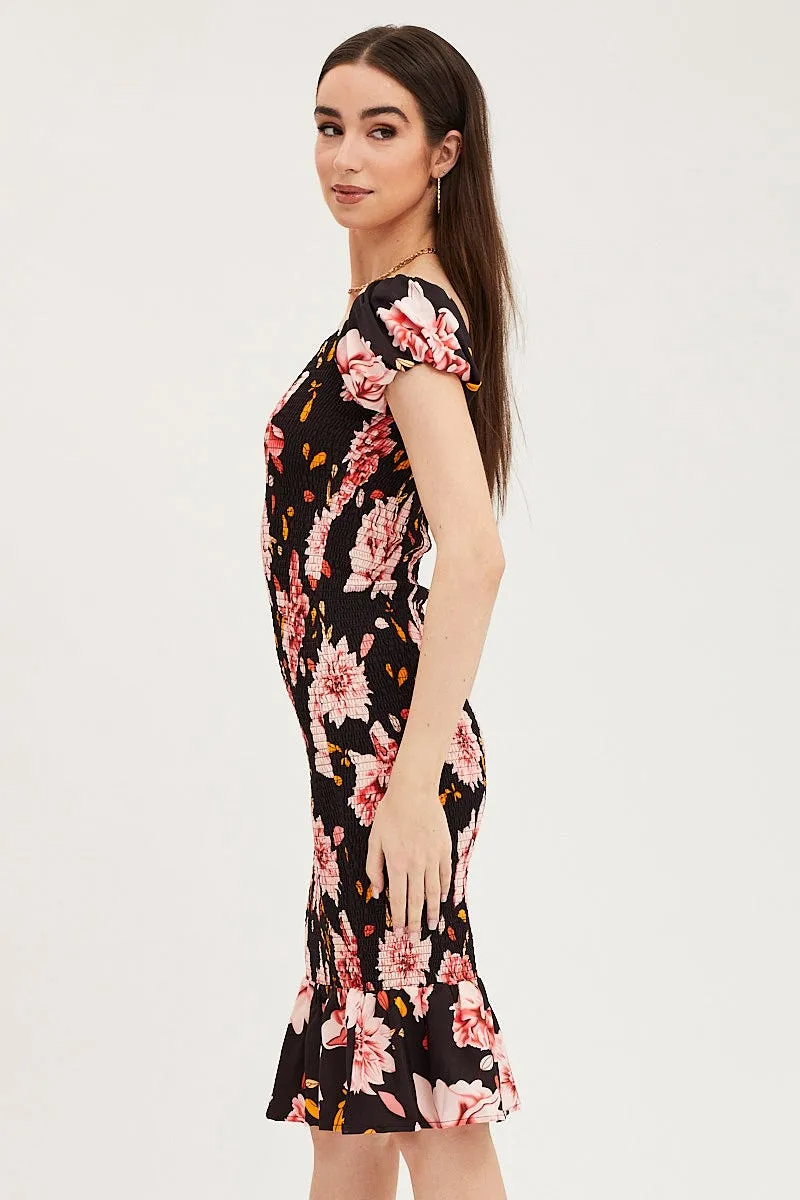 Print Shirred Midi Dress Sophisticated Touch