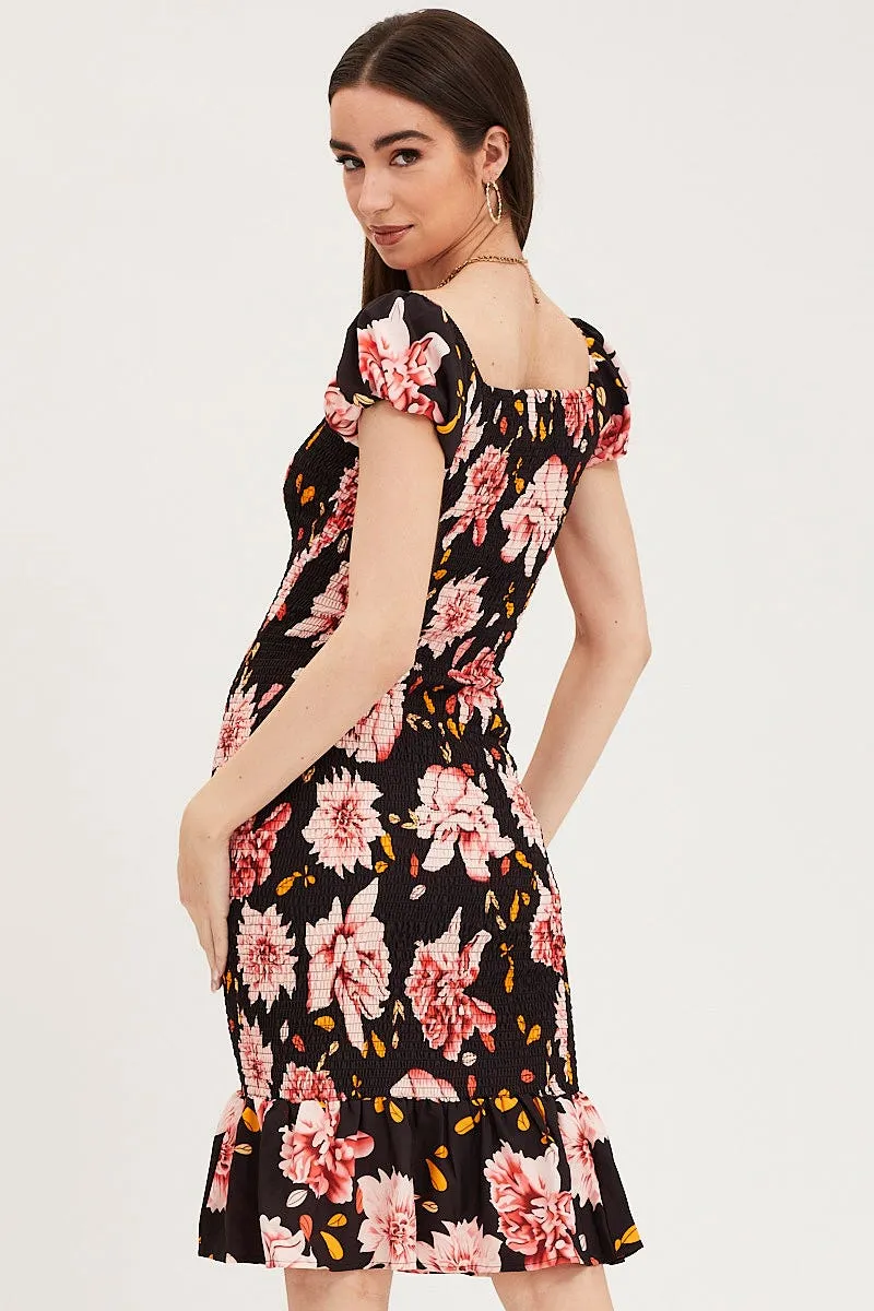 Print Shirred Midi Dress Silver Light