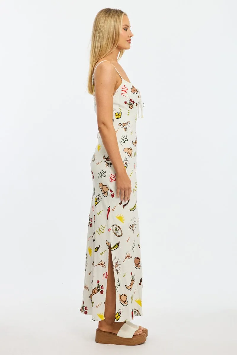 Multi Abstract Midi Dress Gathering Bust Sleeveless Retro Fan