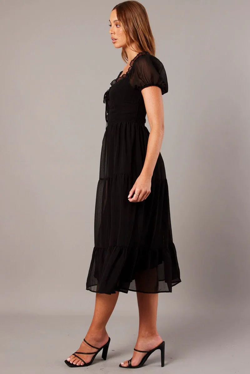 Black Midi Dress Puff Sleeve Trendy versatile dress Timeless Look
