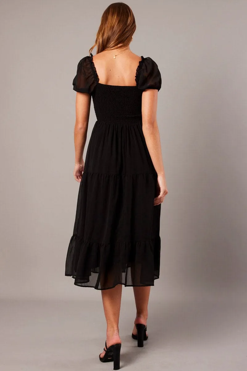 Diamond Glow Petite Style Black Midi Dress Puff Sleeve