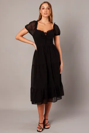 Black Midi Dress Puff Sleeve Versatile Silhouettes Sea View