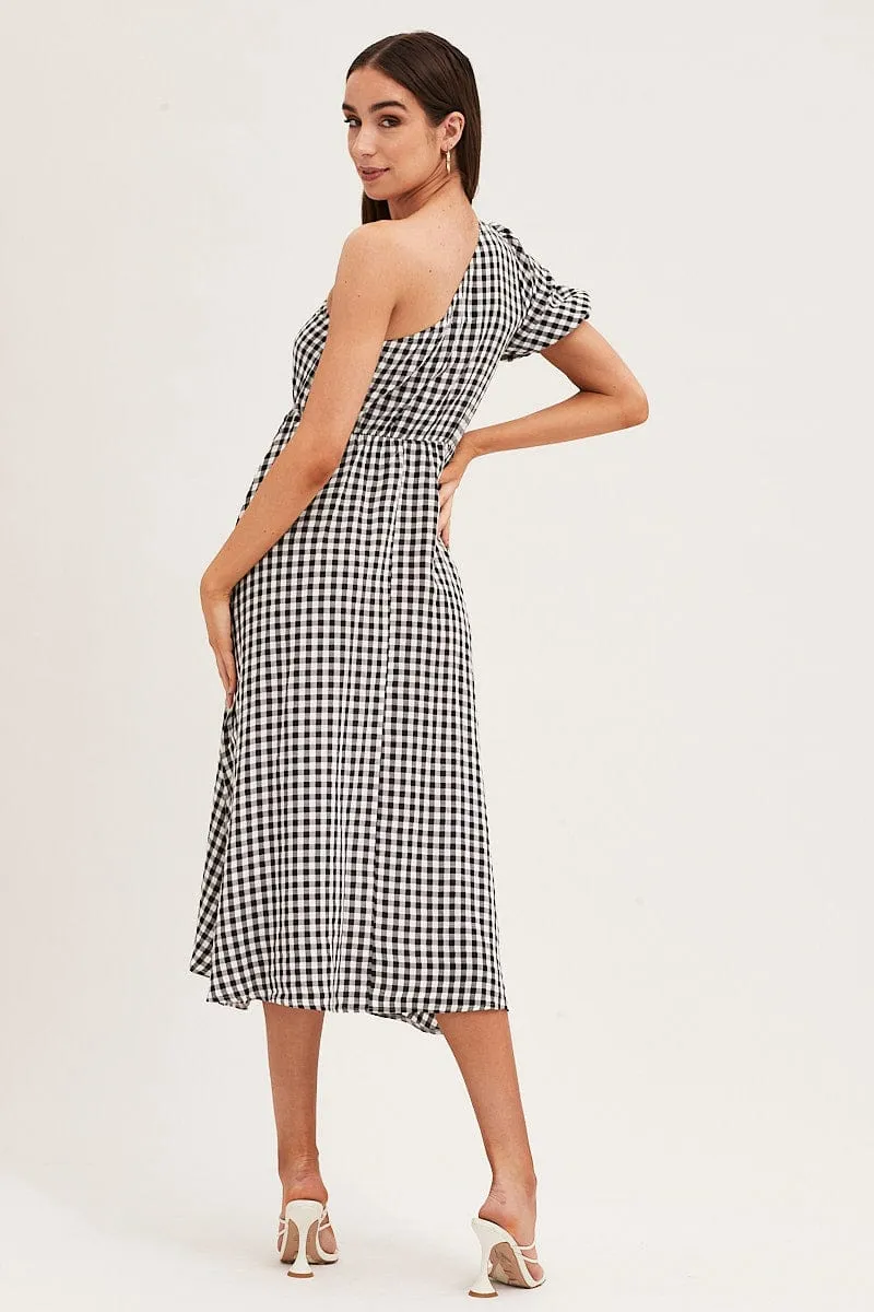 Stripe Check One Shoulder Midi Dress Romantic casual midi Breathable fabric