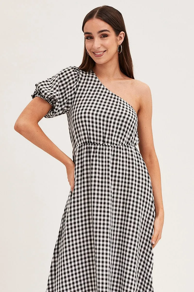 Stripe Check One Shoulder Midi Dress Morning Stroll