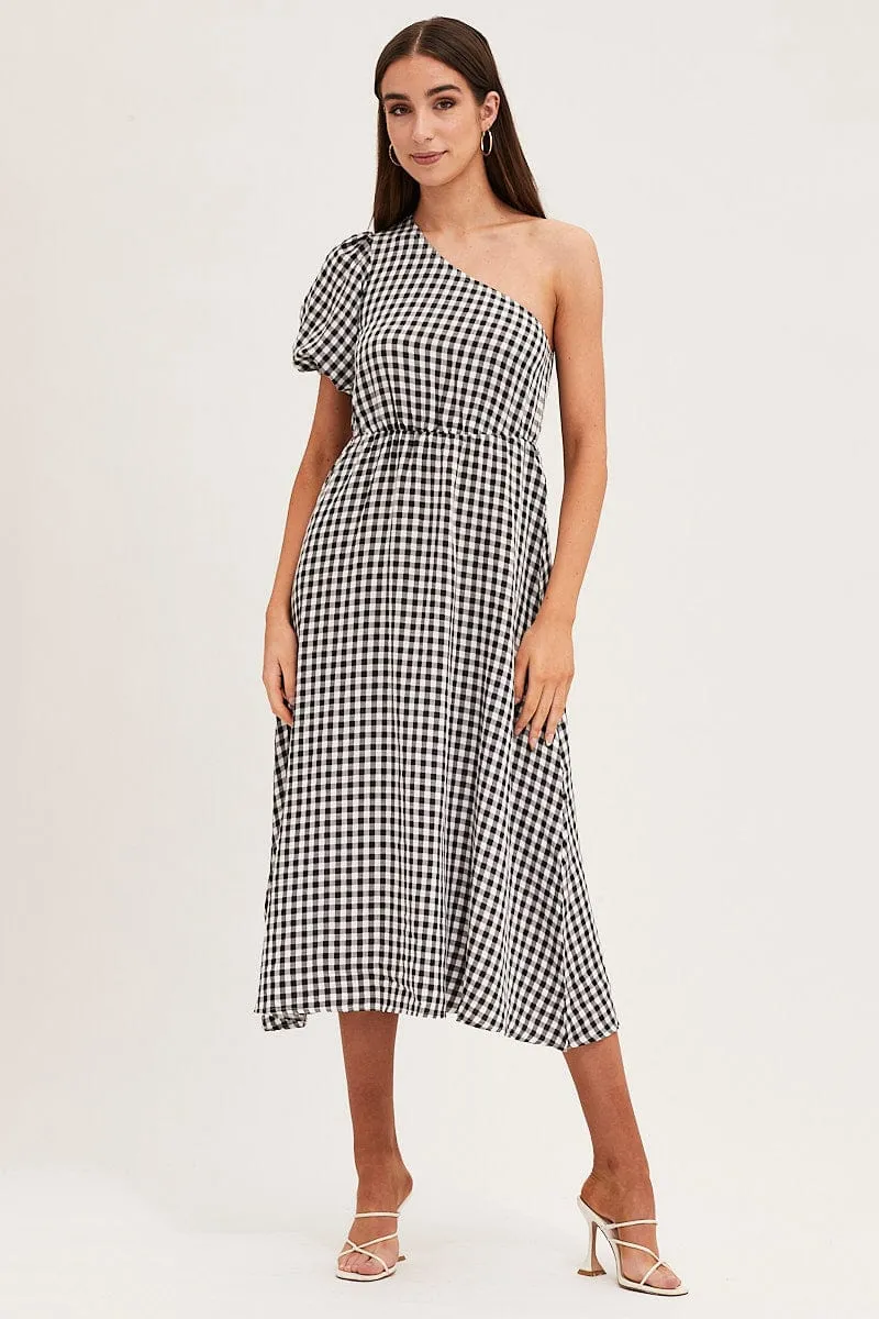 Stripe Check One Shoulder Midi Dress Frost Light