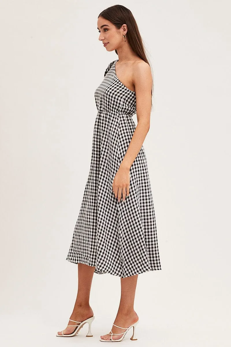 Day Off Style Stripe Check One Shoulder Midi Dress
