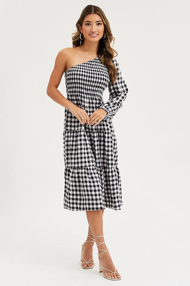 Sophisticated Style Check Dress One Shoulder Midi