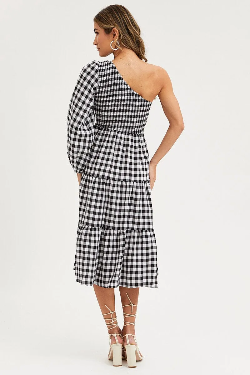 Feminine stylish midi Check Dress One Shoulder Midi