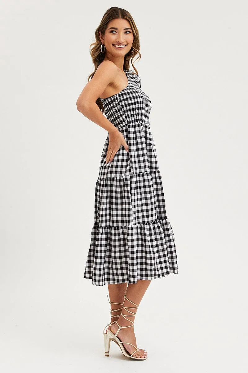 Air Float Art Gallery Check Dress One Shoulder Midi
