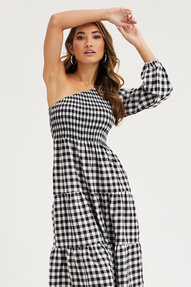 Airy Mood Smart Wardrobe Check Dress One Shoulder Midi