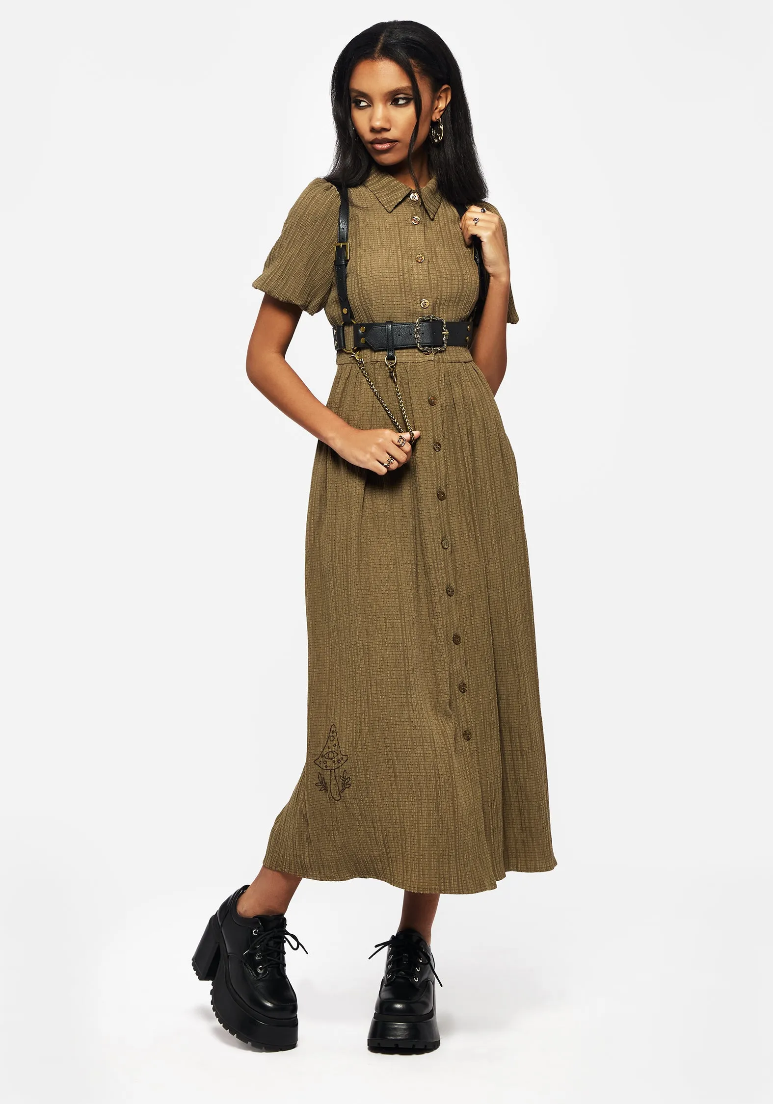 Ramaria Embroidered Puff Sleeve Button Up Midaxi Shirt Dress Spanish Heat
