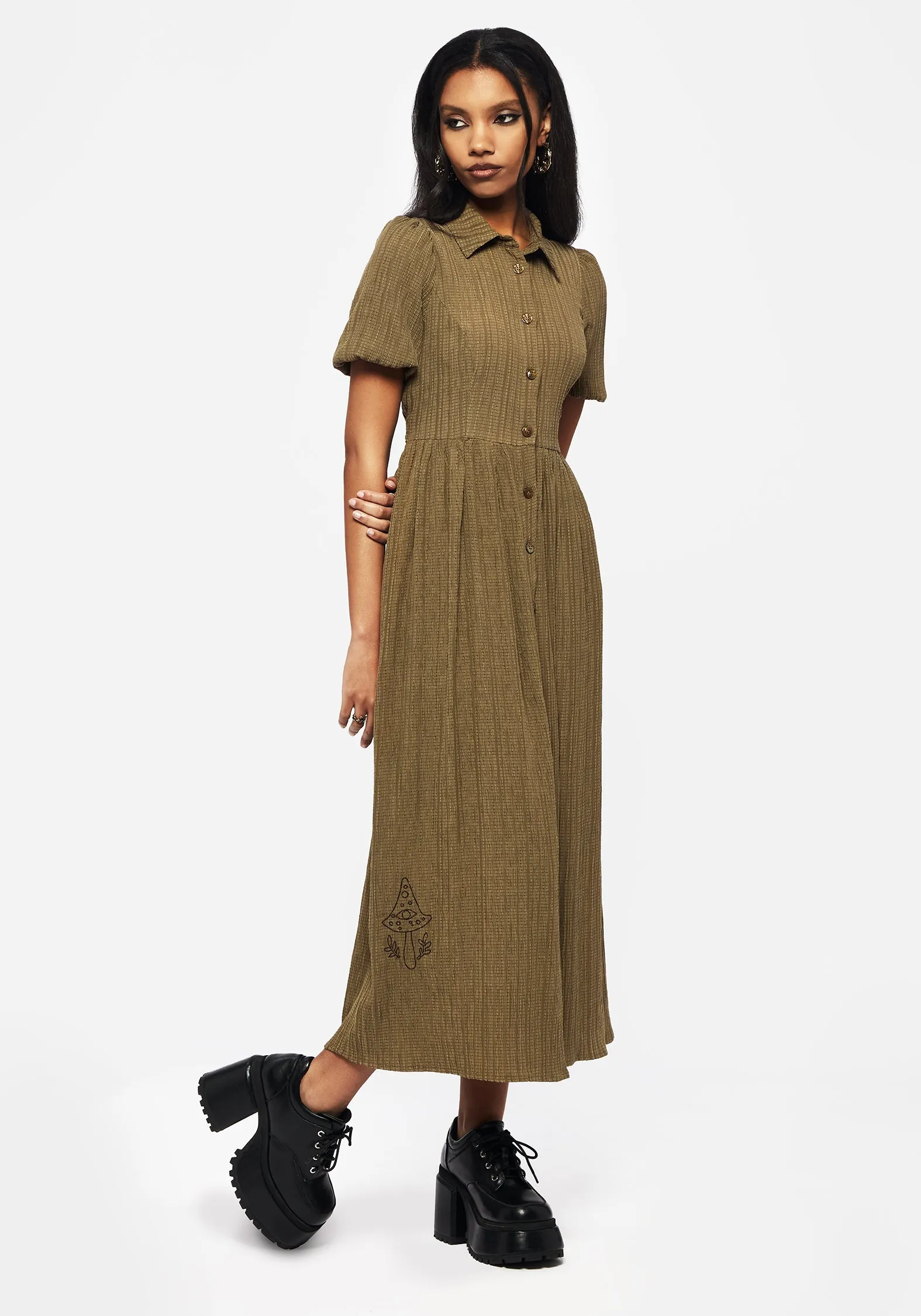 Layered maxi for special events Field Glow Ramaria Embroidered Puff Sleeve Button Up Midaxi Shirt Dress