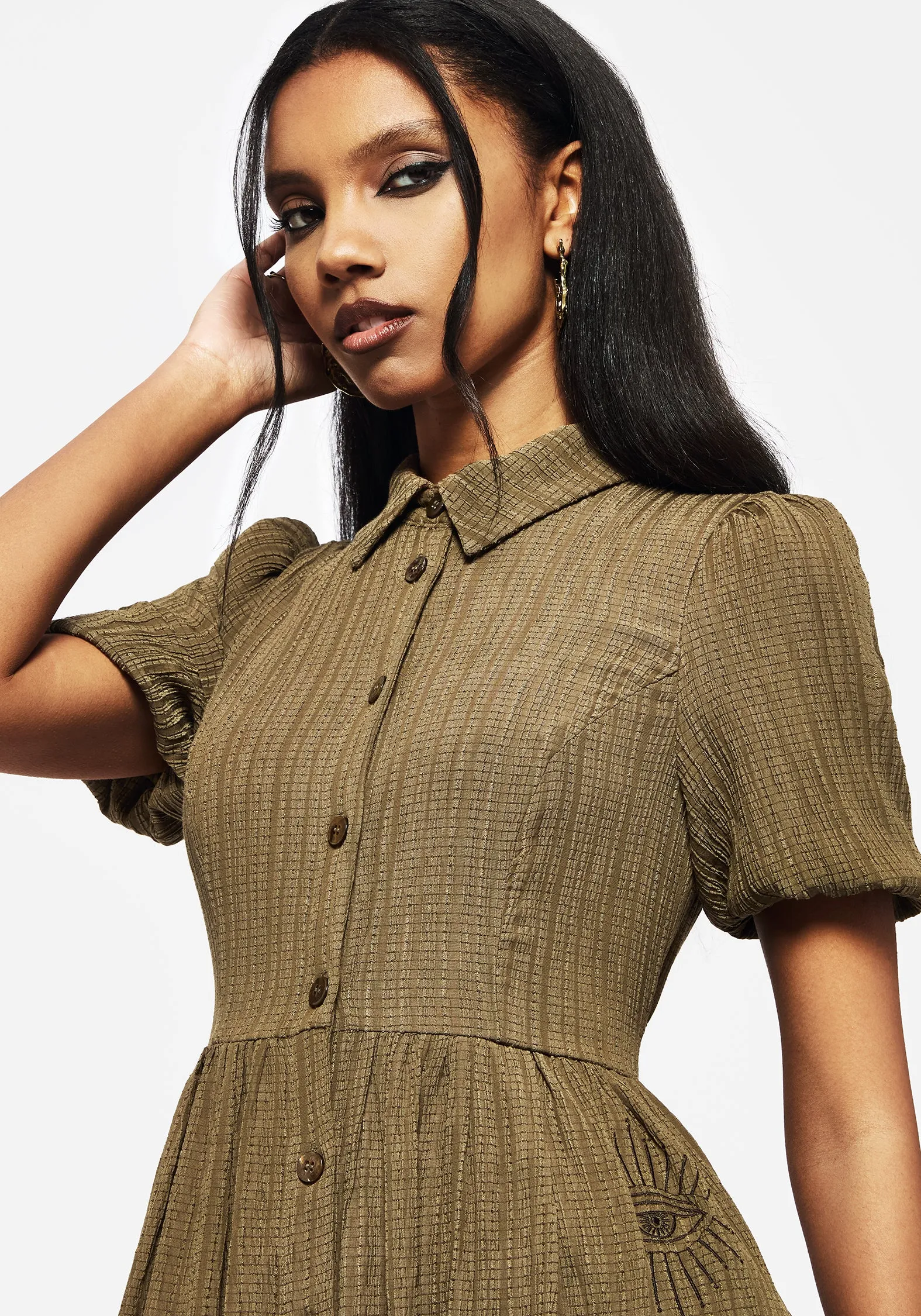 Relaxed fit summer gown Ramaria Embroidered Puff Sleeve Button Up Midaxi Shirt Dress