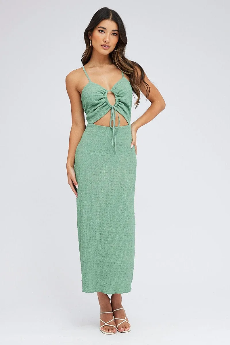 Smart Casual Green Midi Dress Cut Out Textured Fabric