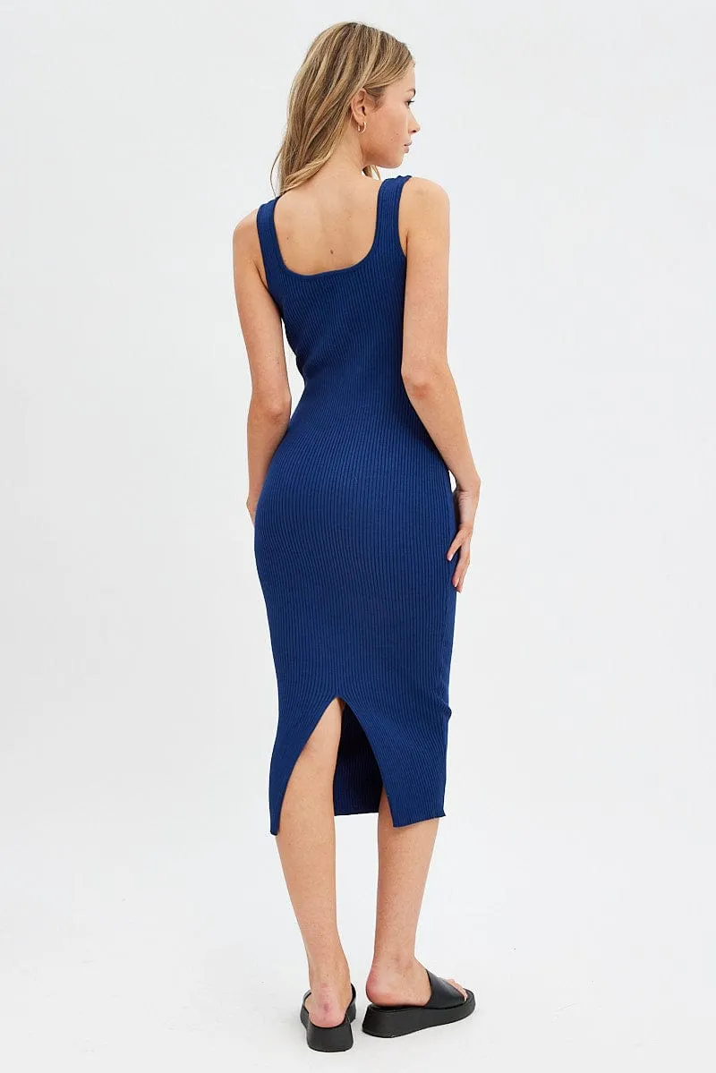 Blue Knit Midi Dress Sleeveless Scoop Neck Bodycon Rib Simple Comfort Inner Glow