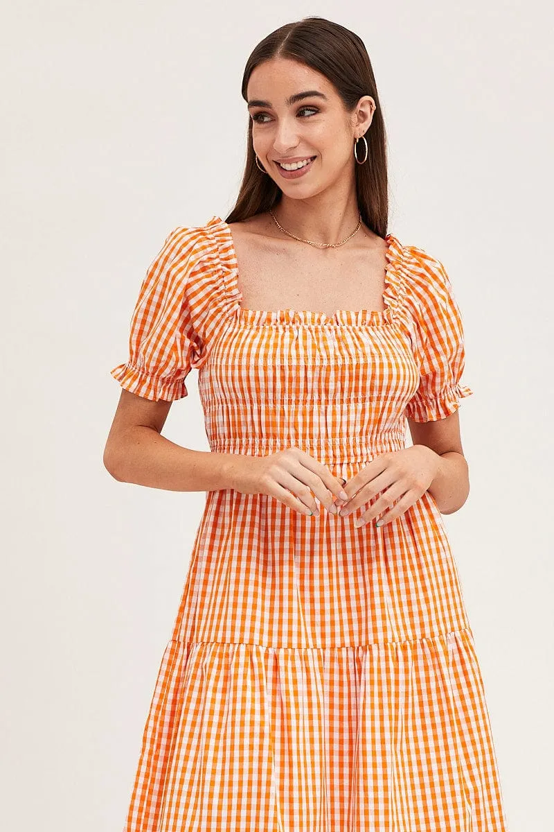 Evening Glam Travel Ready Check Short Sleeve Shirred Midi Dress