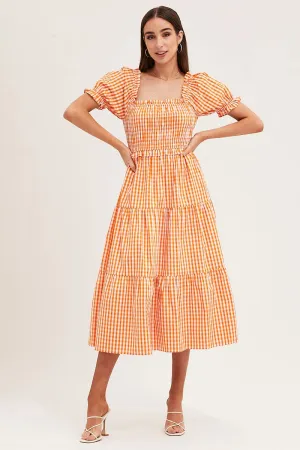 british retro Check Short Sleeve Shirred Midi Dress
