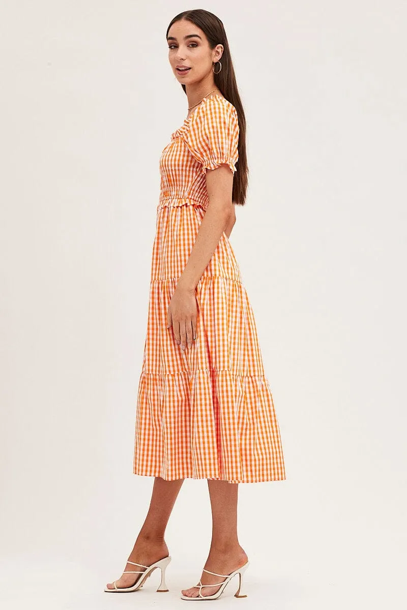 Lounge Mood Check Short Sleeve Shirred Midi Dress