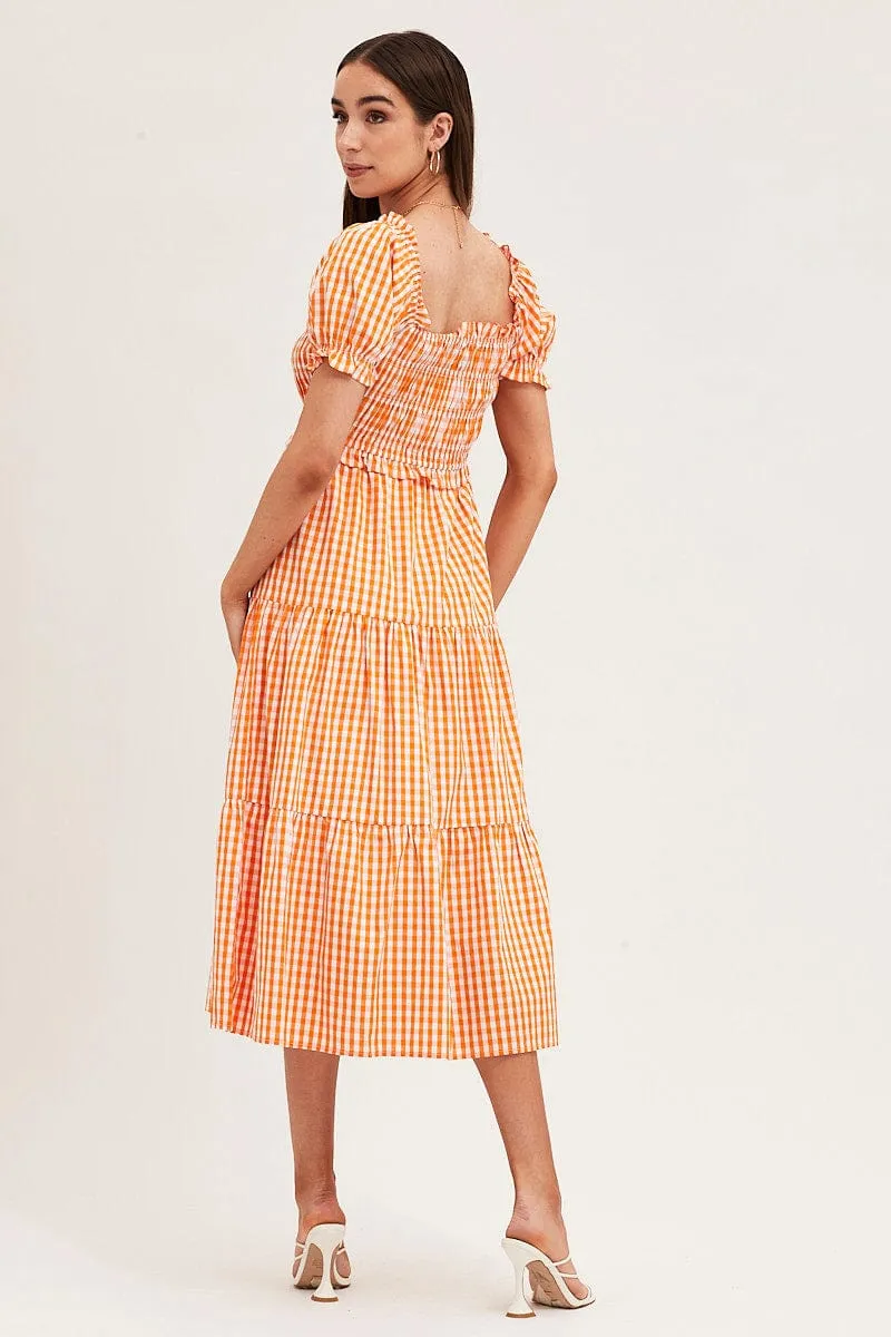 Petite Style Check Short Sleeve Shirred Midi Dress