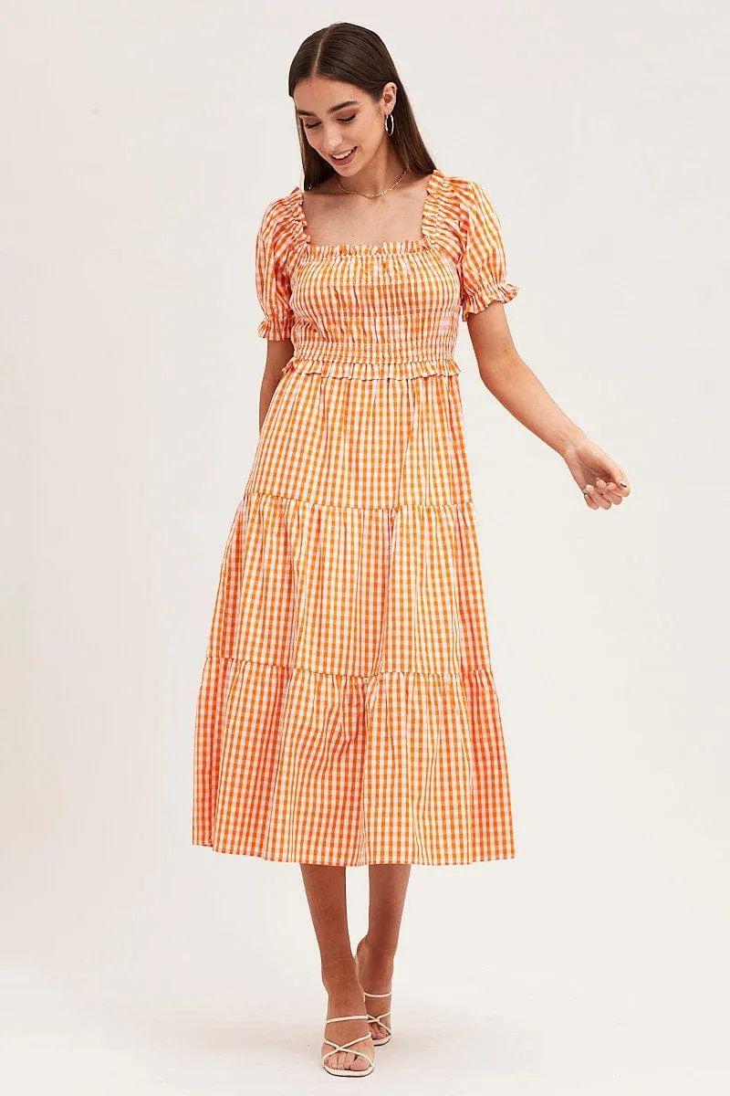 Elegant Layers Stylish Details Check Short Sleeve Shirred Midi Dress