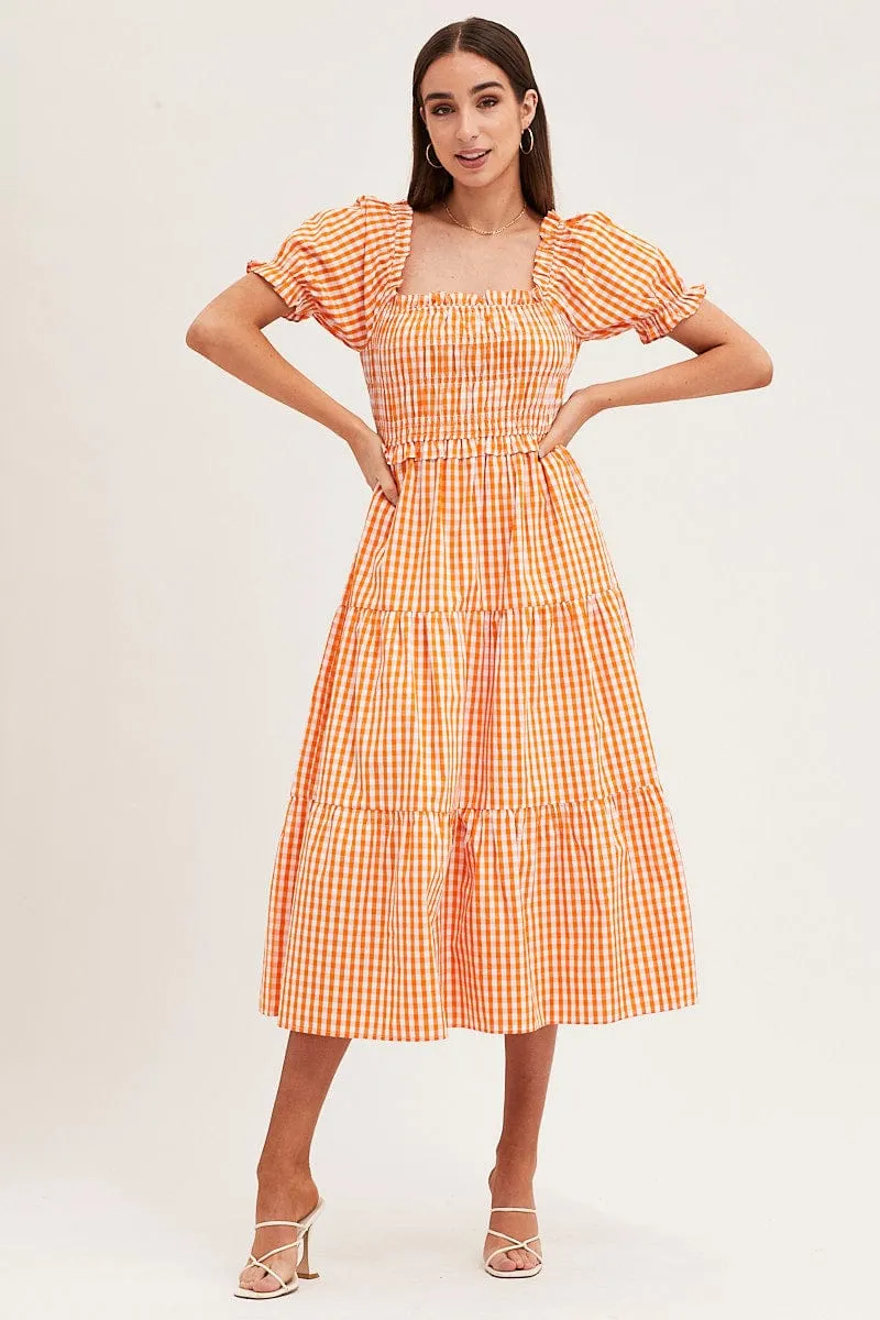 british retro Check Short Sleeve Shirred Midi Dress