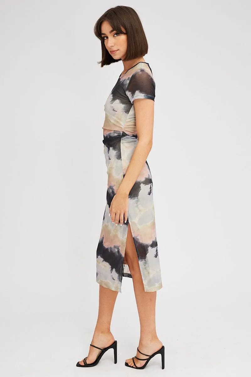 Brown Abstract Midi Dress Short Sleeve Bodycon Mesh Soft-touch day dress