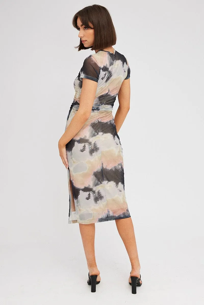Elegant Mom Effortless Comfort Brown Abstract Midi Dress Short Sleeve Bodycon Mesh