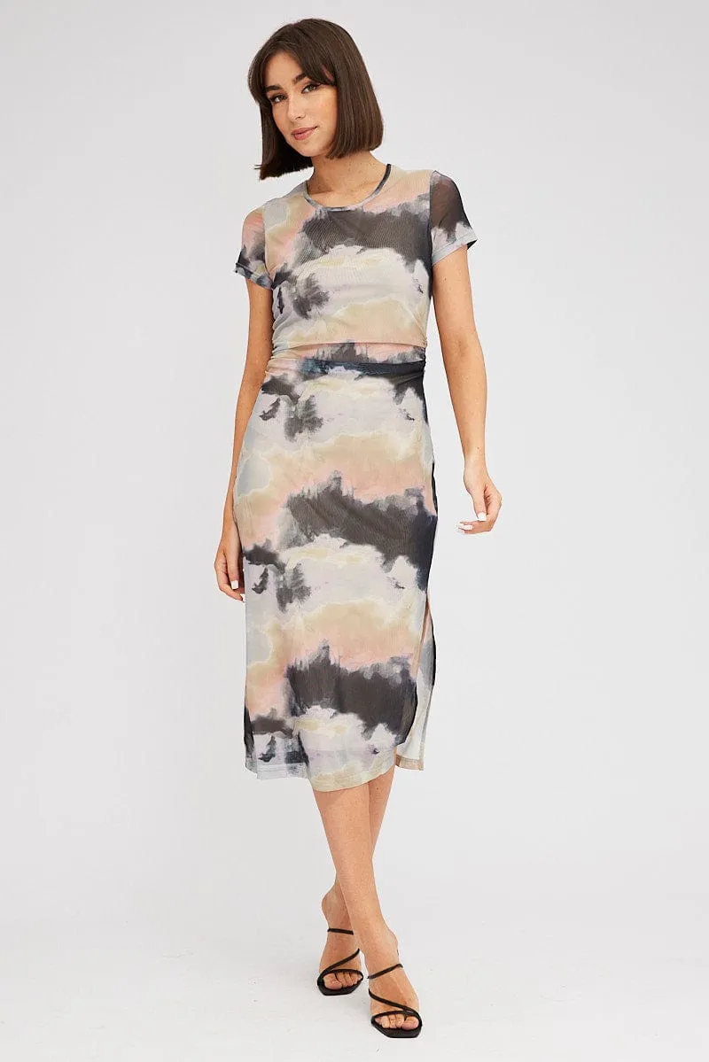 Bronze Tone Scandi Clean Brown Abstract Midi Dress Short Sleeve Bodycon Mesh