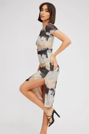 Brown Abstract Midi Dress Short Sleeve Bodycon Mesh Emerald Glow Day-To-Night Wear