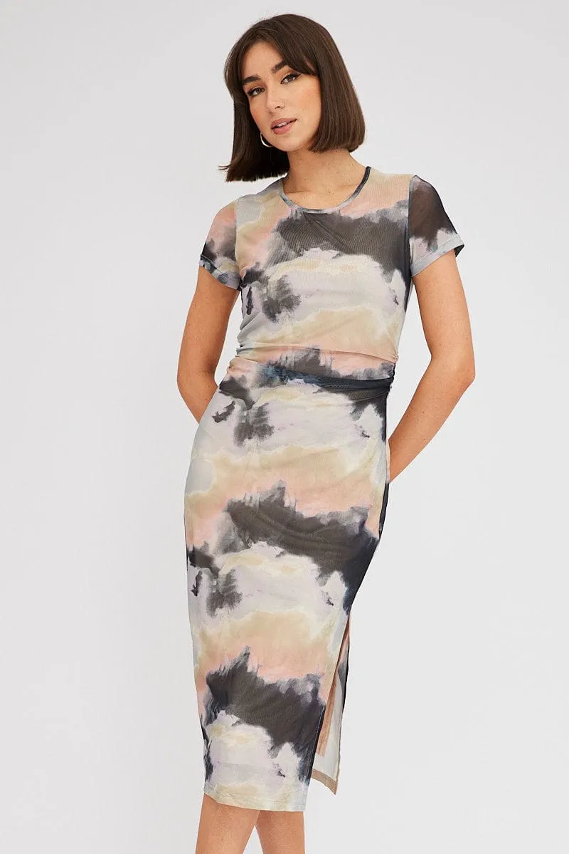 Brown Abstract Midi Dress Short Sleeve Bodycon Mesh Elegant Layers