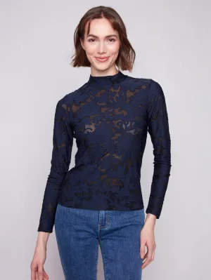 Burnout Mesh Mock Neck Top - Blue Black simple design Subtle Embroidery