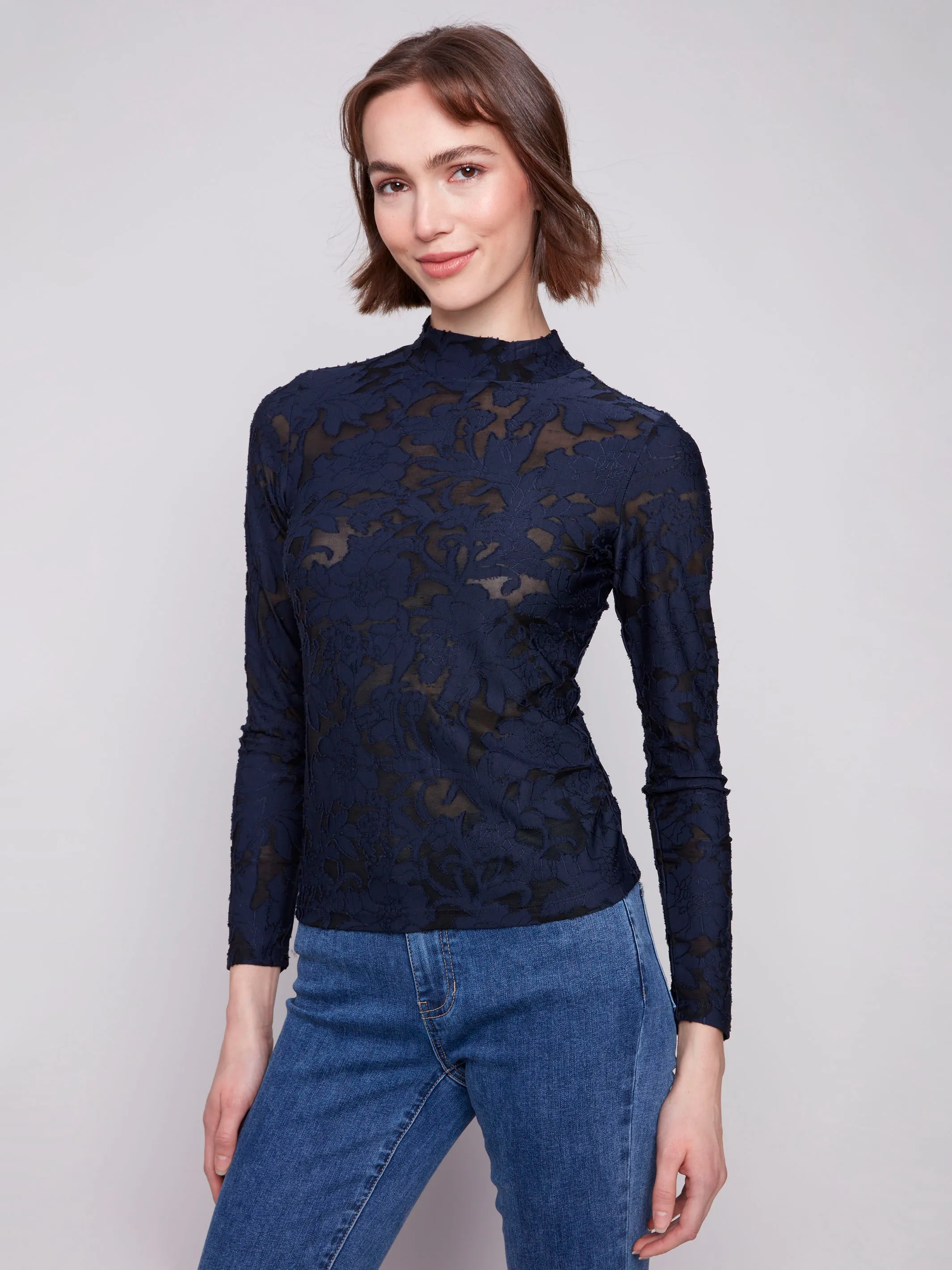 Formal Elegance Burnout Mesh Mock Neck Top - Blue Black